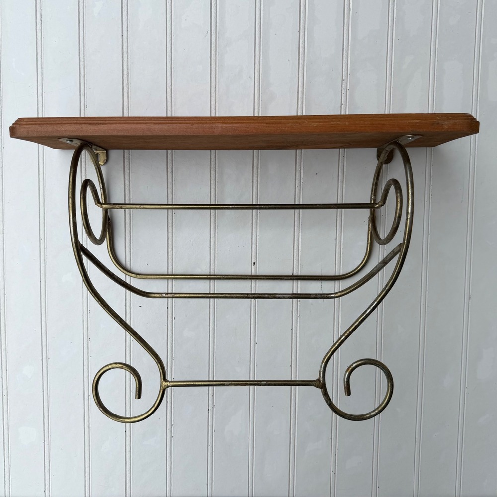 Vintage Wood Wall Shelf Ornate Brass Tone Scrollwork Metal Towel Rack 18 Inch